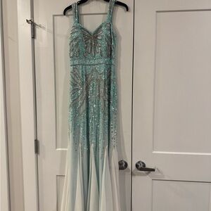 Faviana Glamour Aqua and Silver Sequin Prom Dress